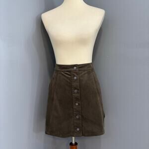 Forever 21 Army Green Faux Suede Button Front High Waisted A-Line Skirt, Size S